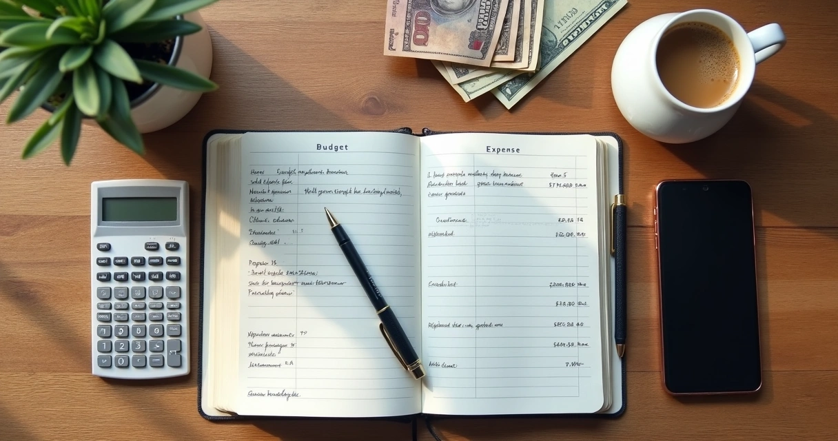 Budget journal, calculator, and coffee on a desk