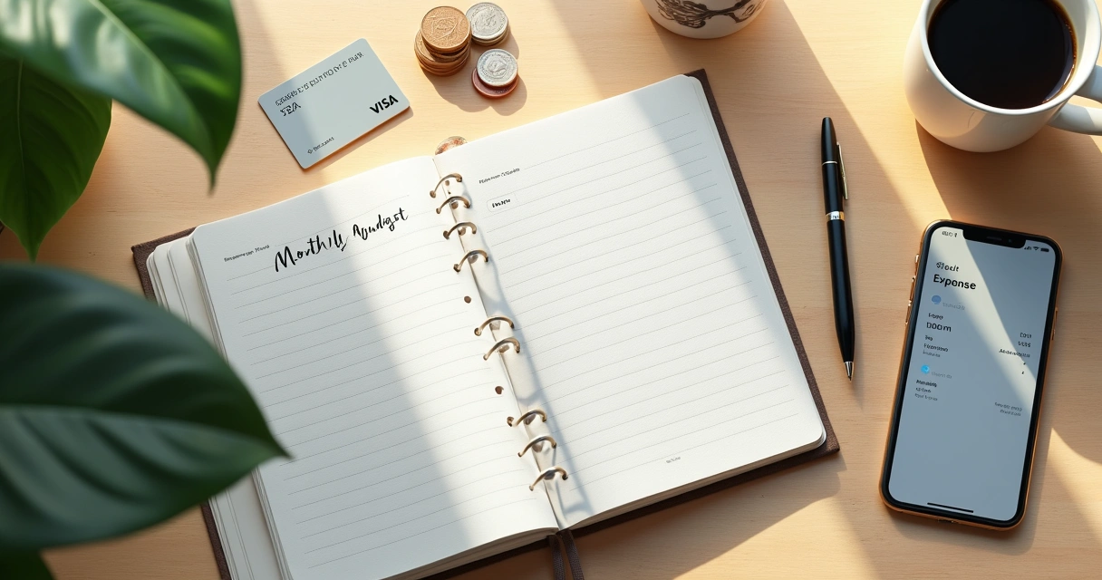 Notebook budget plan beside coins and coffee mug