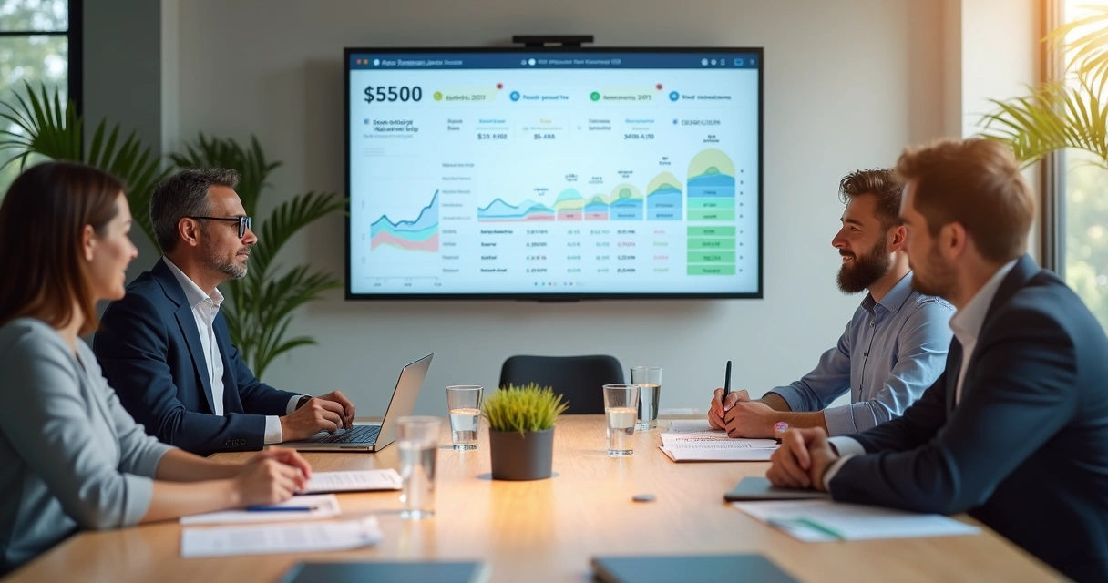 Team reviewing a budget dashboard in a meeting room