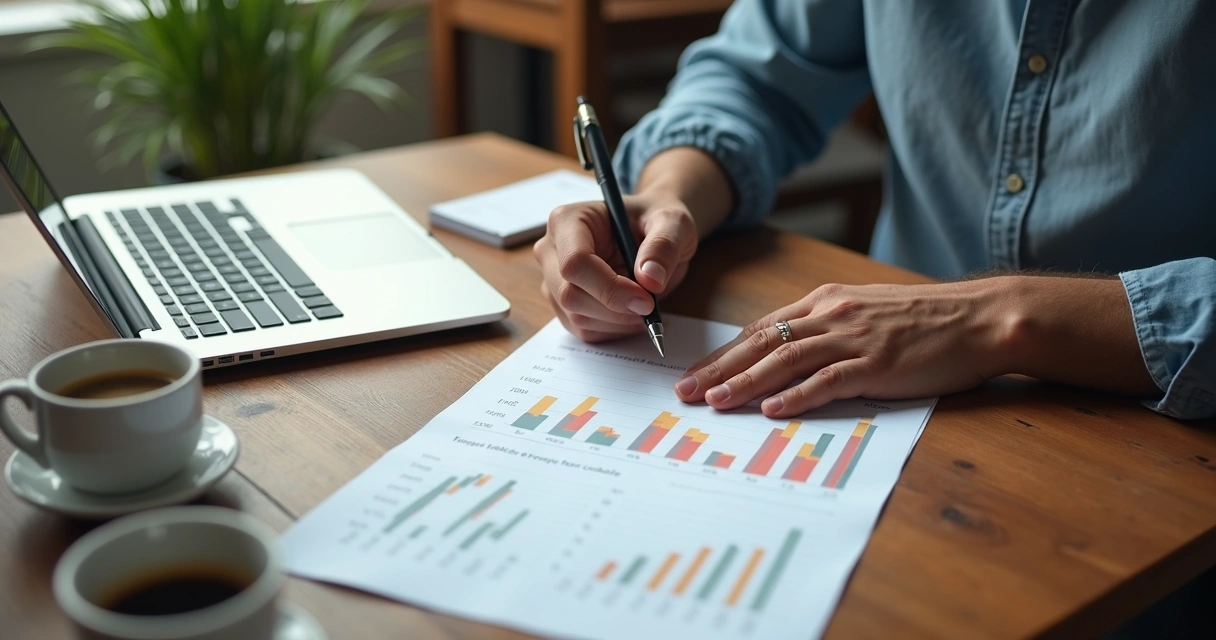 Startup founder reviewing budget on paper and laptop 