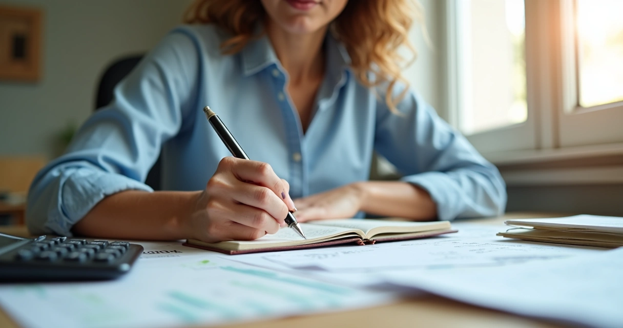 Woman planning budget at desk with notebook, calculator and receipts