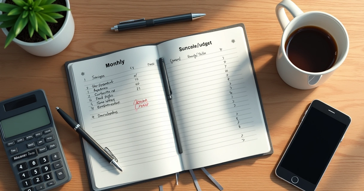 Notebook budget plan beside calculator and coffee mug 
