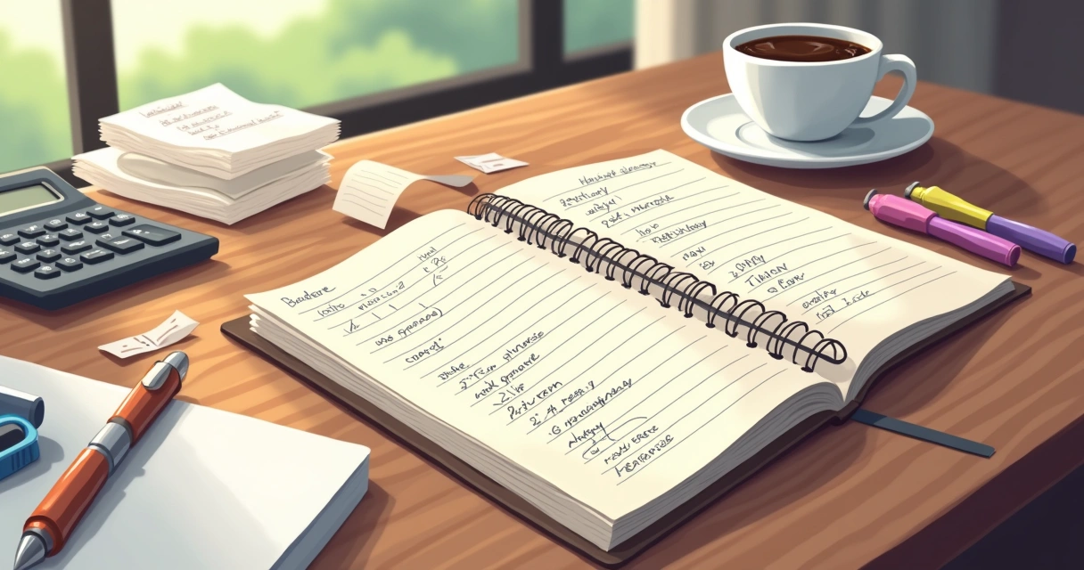 Open notebook with budget notes and receipts on table 