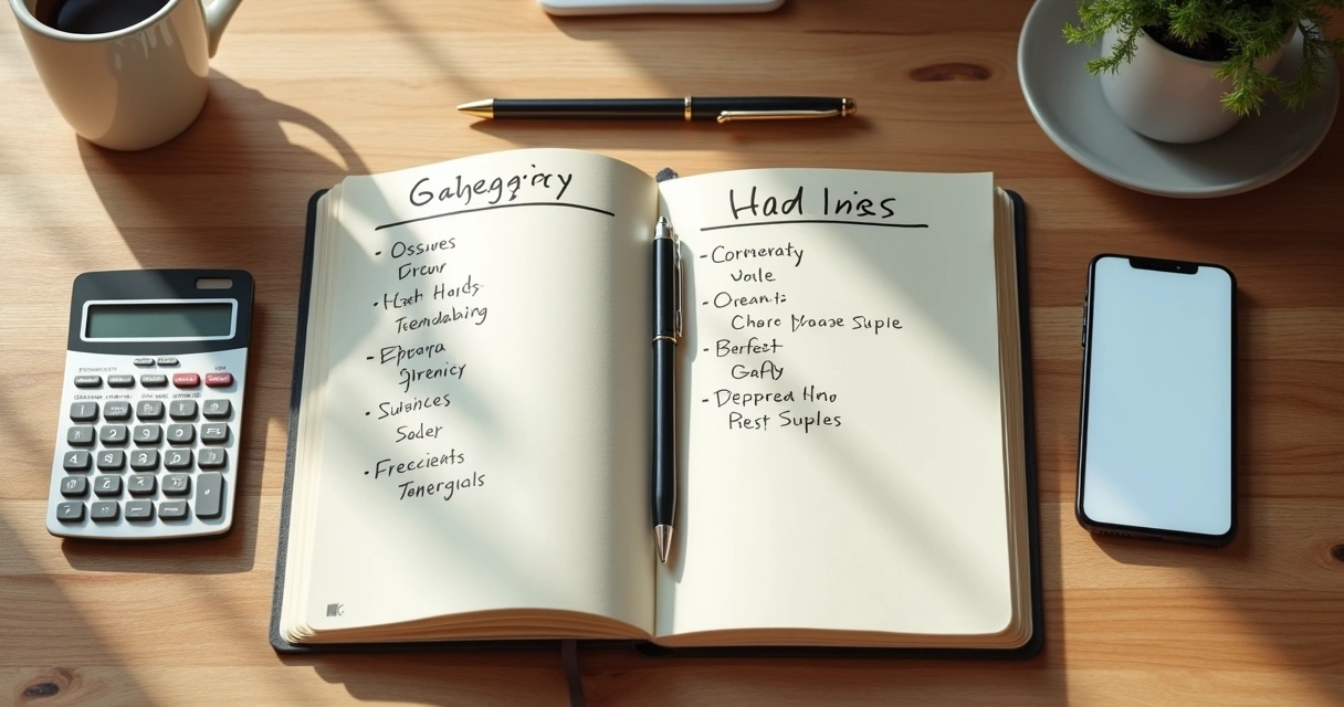 Notebook with budget notes, values list, and coffee on a desk 