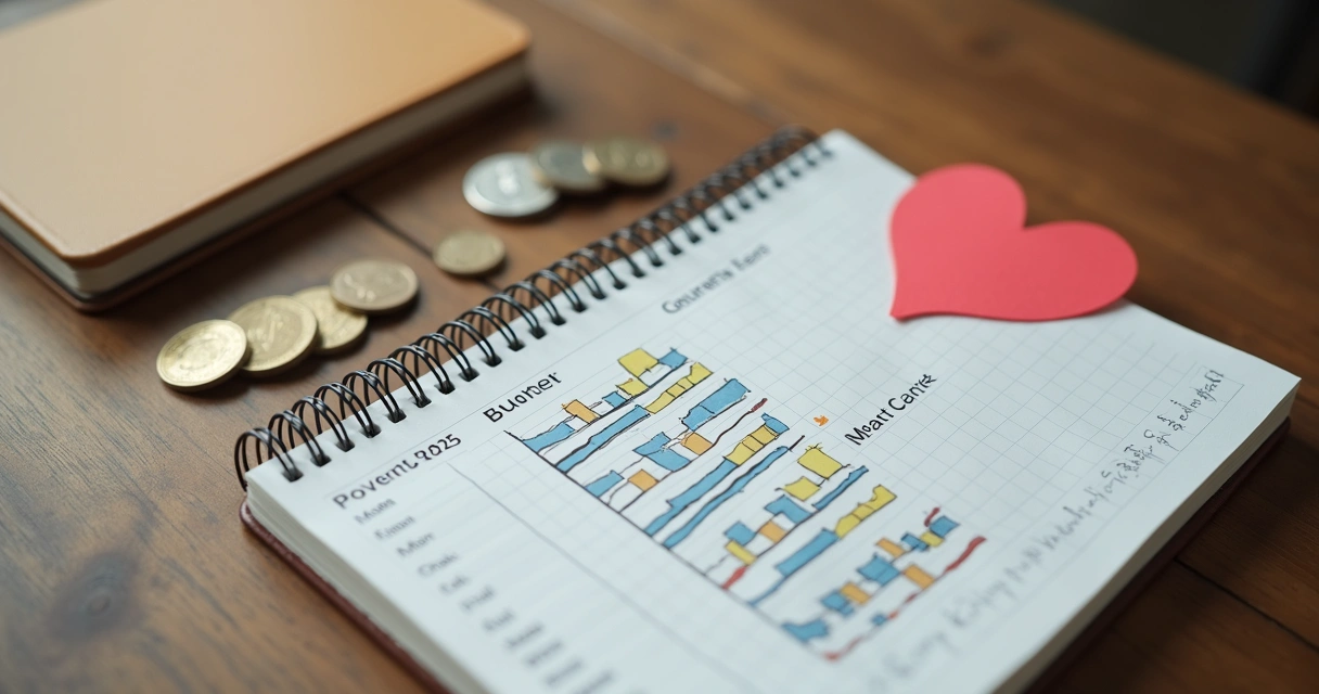 Notebook with budget plan and heart drawn beside coins
