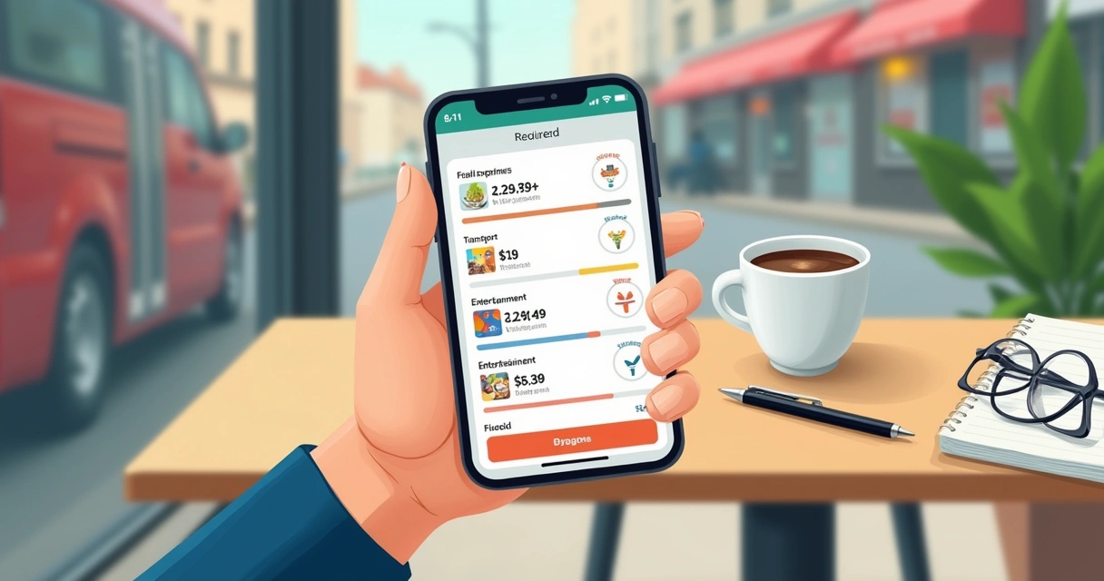 Mobile phone showing budgeting app with expense categories