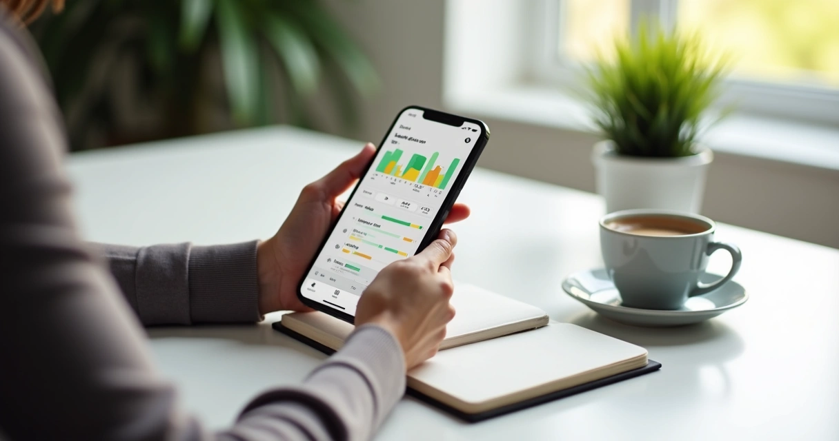 Pessoa segurando um smartphone usando um aplicativo de orçamento com gráficos coloridos.