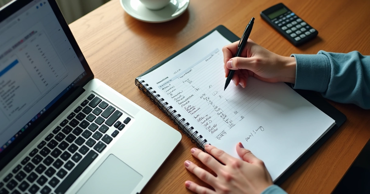 Person reviews budget on a laptop and notebook. 