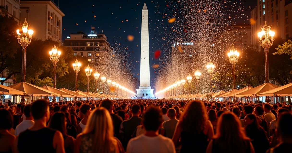Festa de Ano Novo nos arredores do Obelisco em Buenos Aires, jovens festejando 