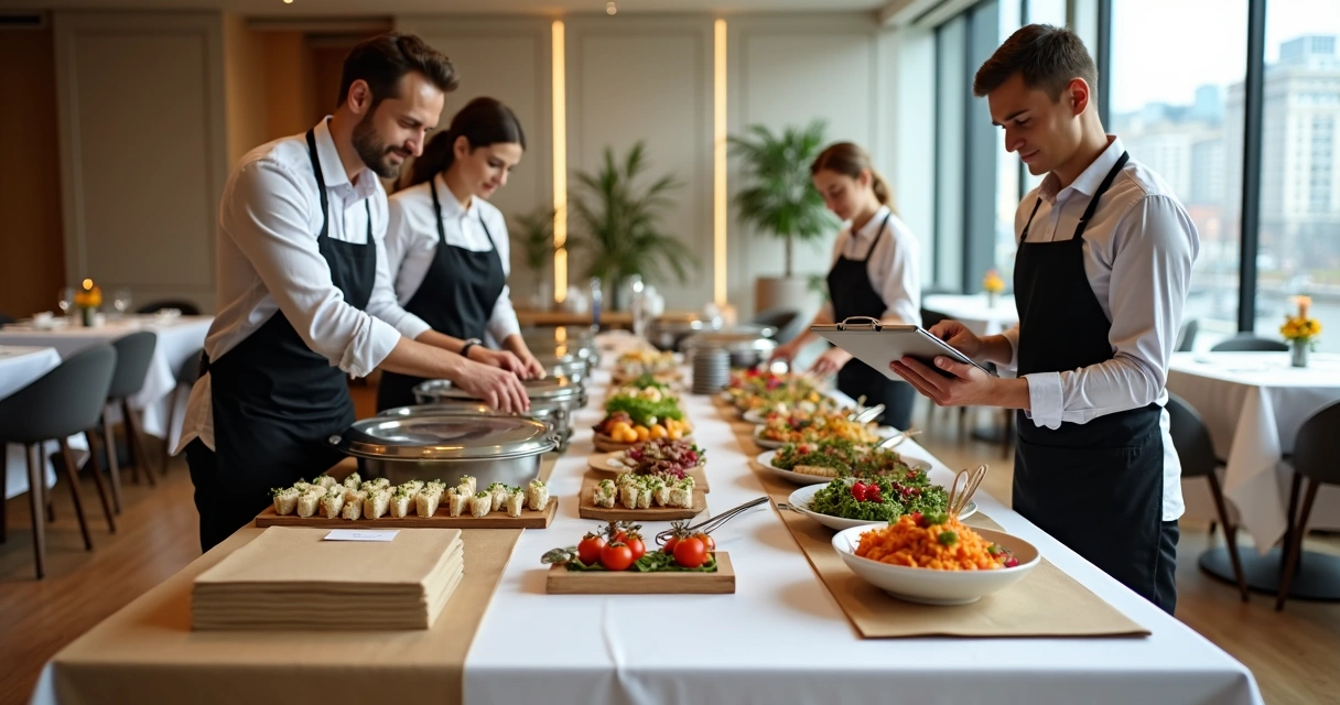 Equipe de restaurante montando mesa de catering elegante em salão de evento corporativo 