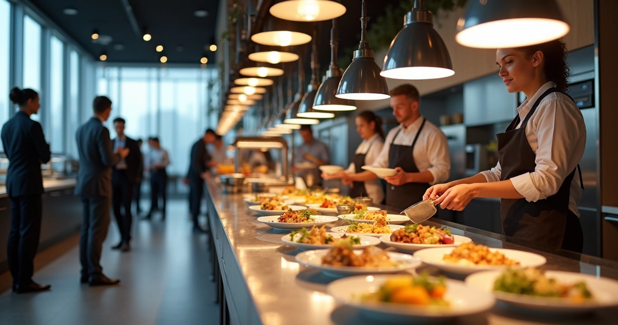Buffet servindo refeições para empresa, funcionários em fila na hora do almoço 