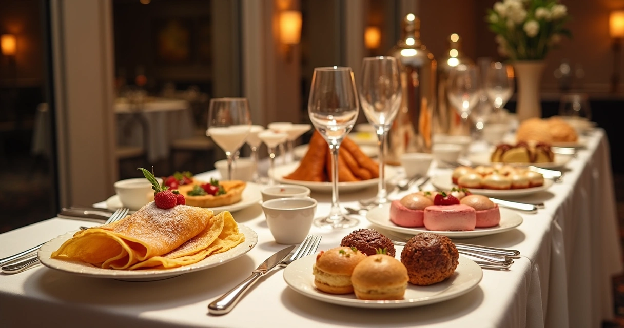 Buffet de crepes doces e sobremesas francesas em evento elegante 