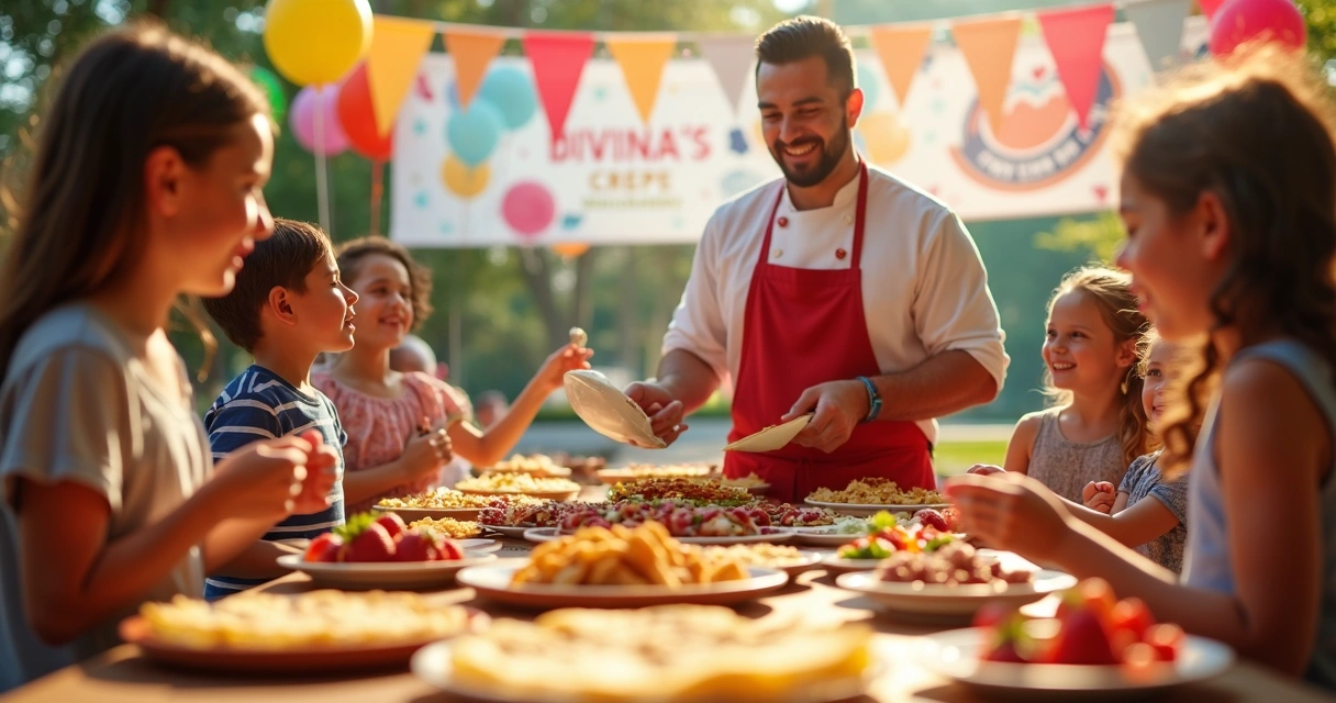 Buffet de crepes sendo preparado em festa infantil 
