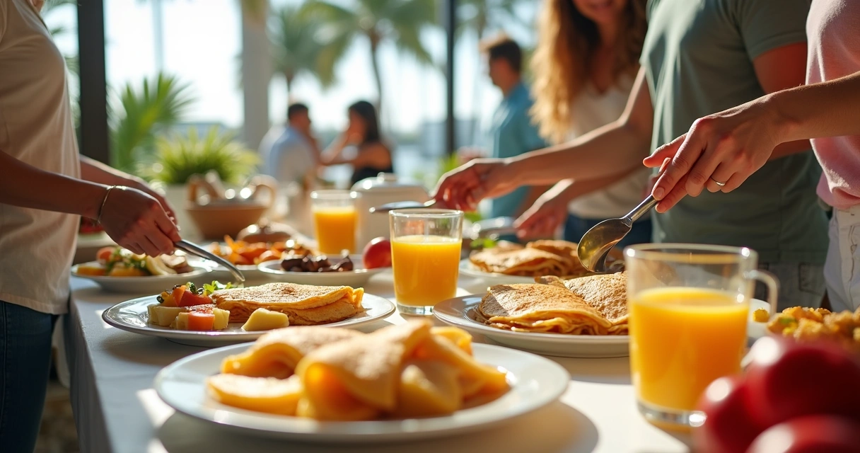 Buffet de brunch na Flórida com crepes, frutas e pessoas servindo-se 