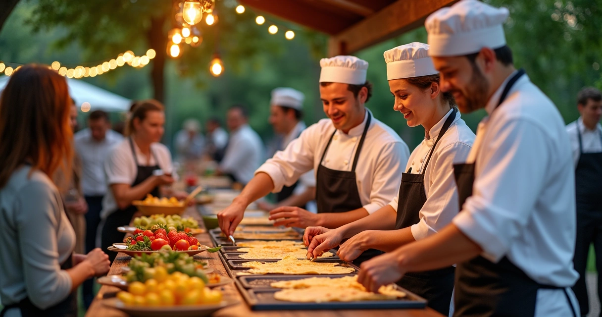 Buffet de crepes montando ao ar livre no evento 