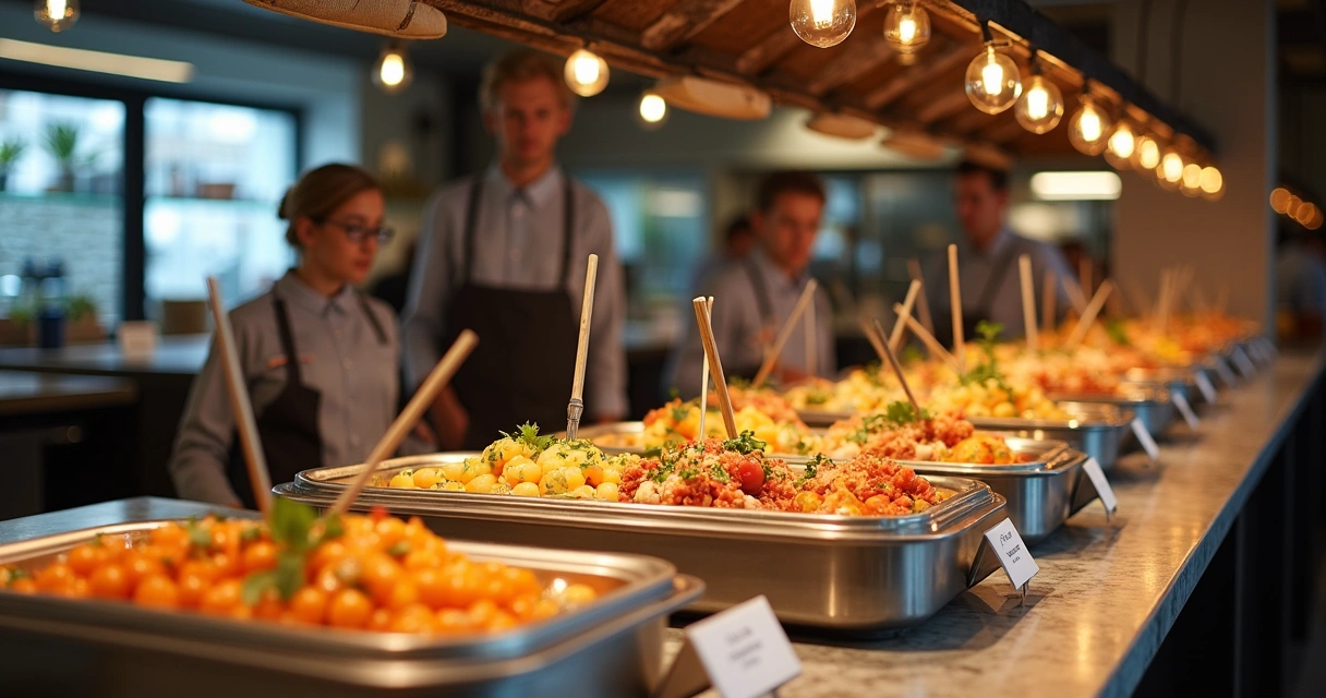 Equipe de buffet embalando refeições para delivery