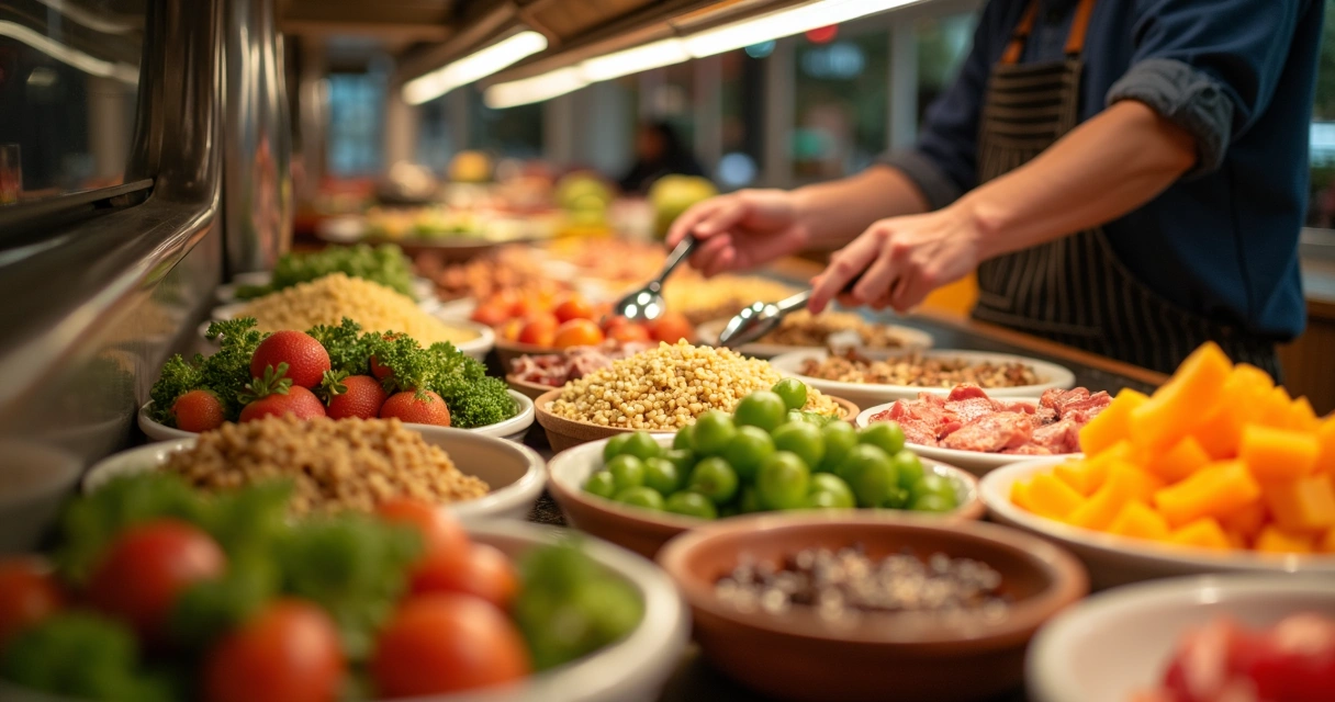 Vista de uma pessoa escolhendo alimentos saudáveis em um buffet variado 