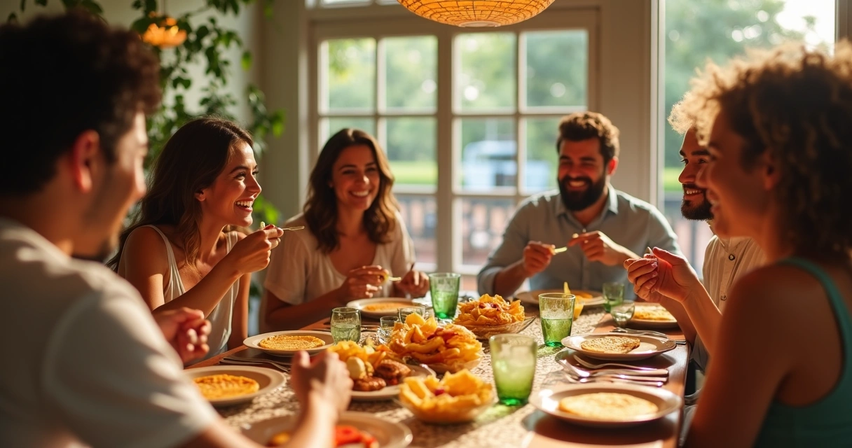 Pessoas felizes em festa brasileira com buffet de crepes 