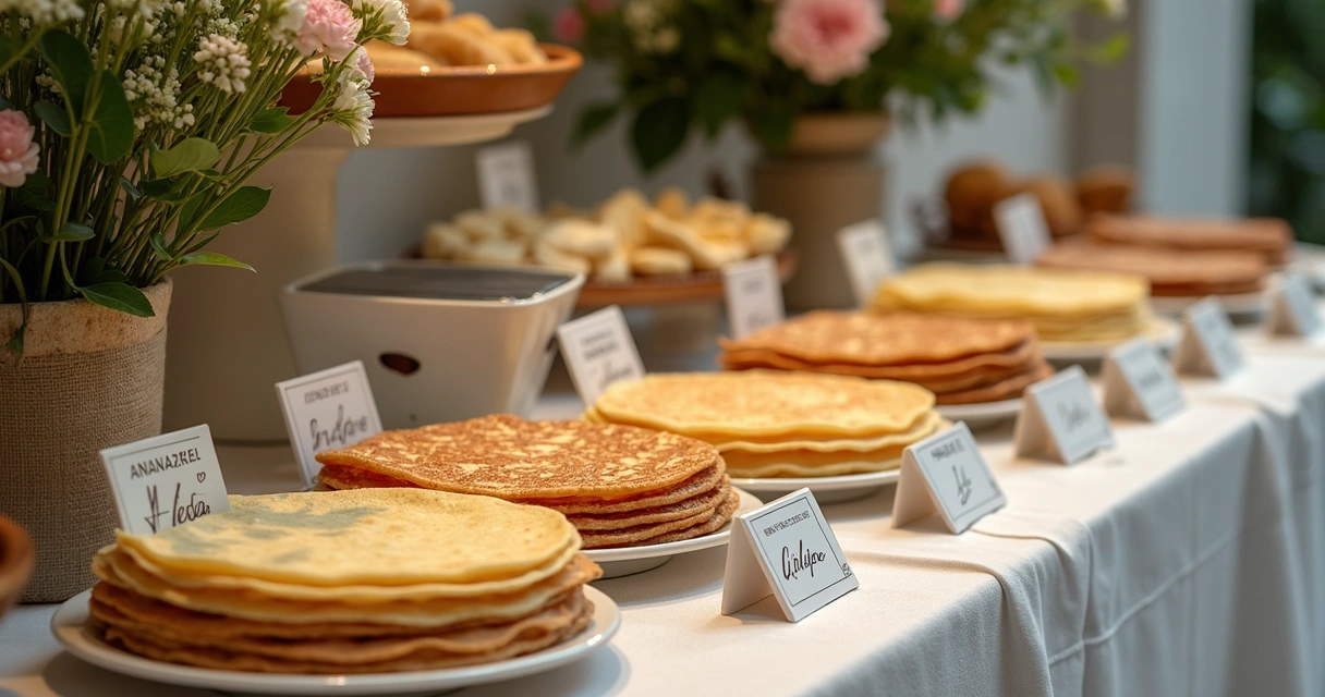 Mesa de buffet personalizada com diferentes ingredientes de crepes 