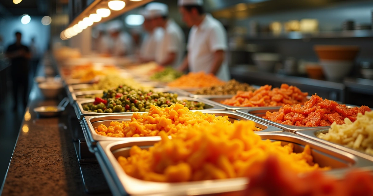 Pratos prontos e variados dispostos em balcão de buffet 