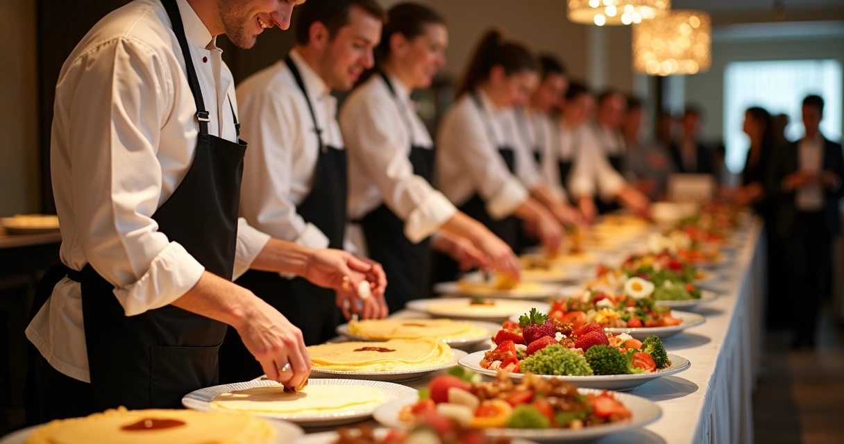 Buffet preparando crepes franceses em evento elegante 