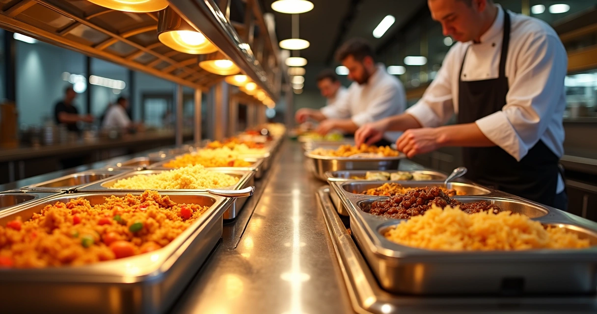 Buffet de restaurante mostrando metade com pratos prontos e metade com chef finalizando pedidos na hora 