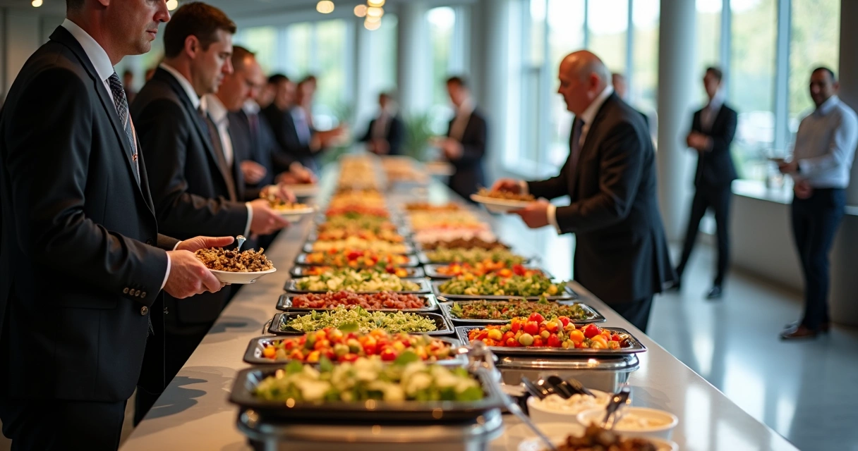 Buffet de catering pronto em evento corporativo 