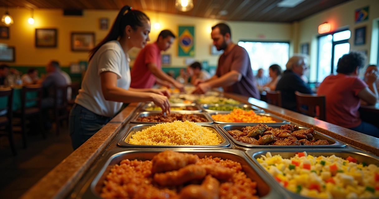 Buffet com pratos típicos brasileiros e pessoas se servindo 