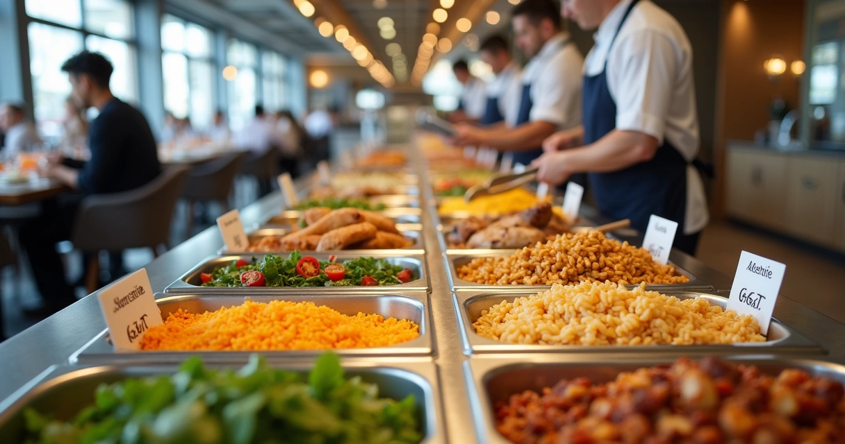 Buffet de restaurante organizado com pouca sobra de comida 