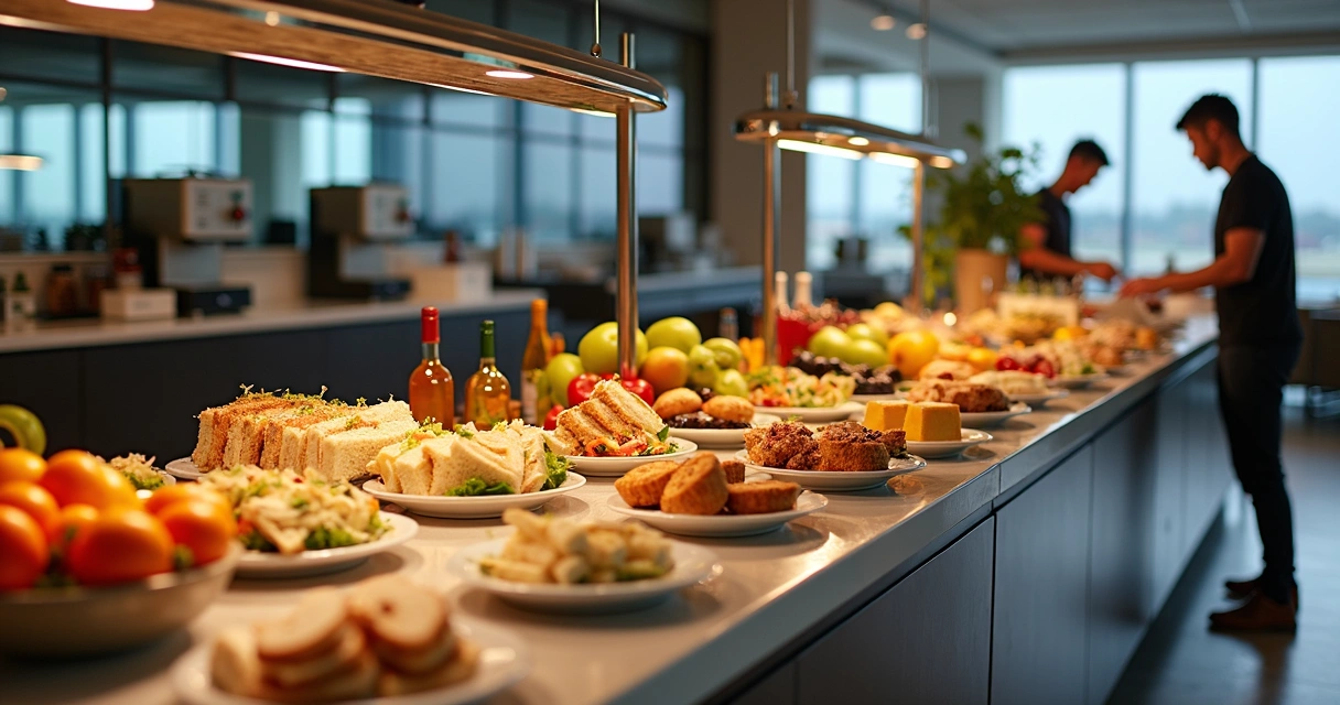 Buffet variado com lanches, frutas e bebidas em lounge vip Congonhas 