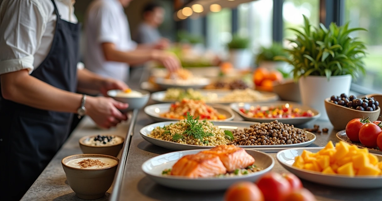 Buffet self-service com pratos funcionais variados e alimentos frescos 