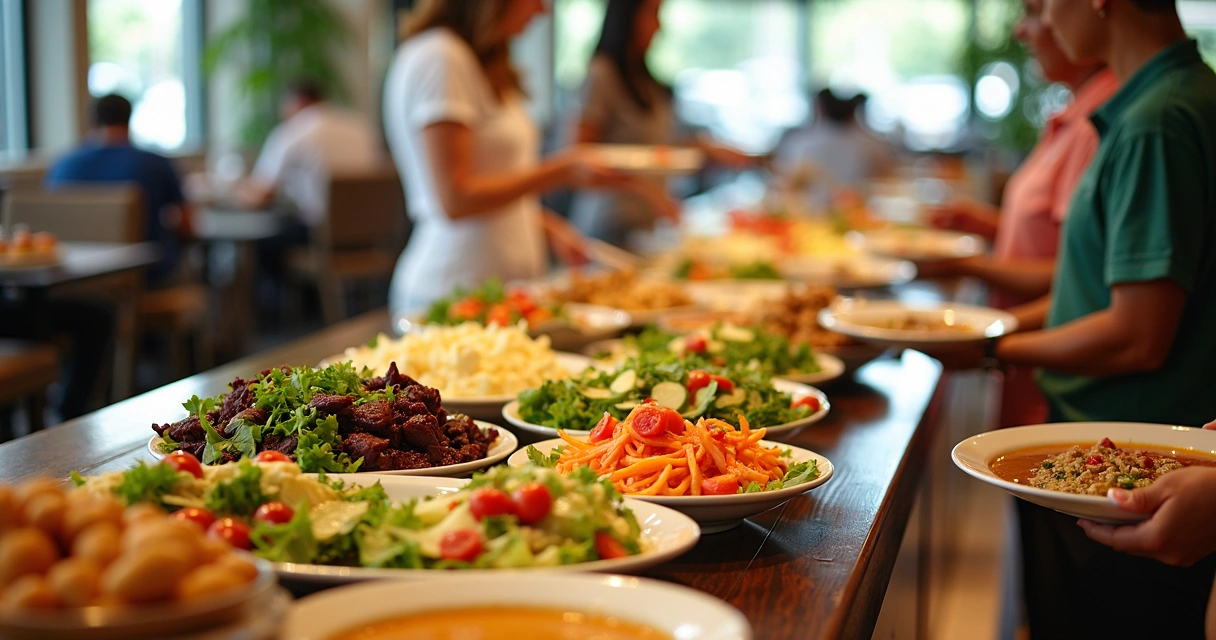Buffet colorido no Sweet Tomatoes com saladas e sopas ao fundo