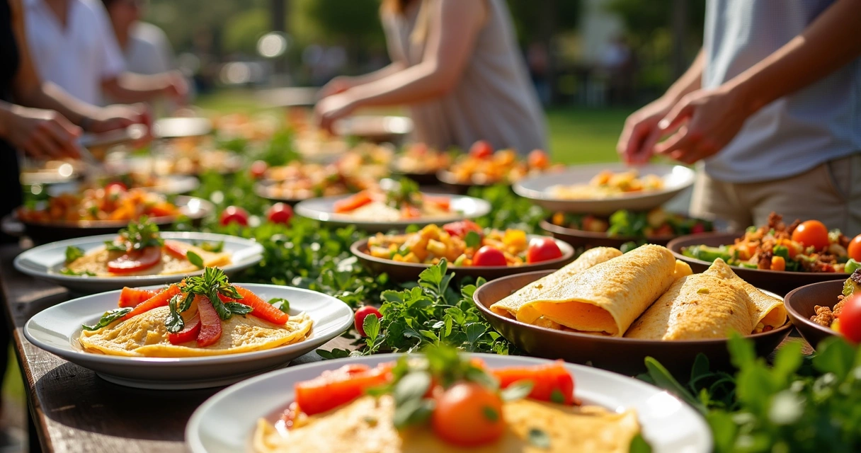 Buffet com variedade de opções veganas e vegetarianas em evento de Orlando 