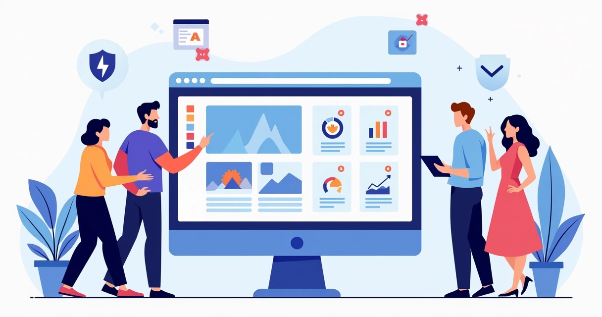 Equipe de agência de marketing usando um builder em painel com gráficos de resultados 