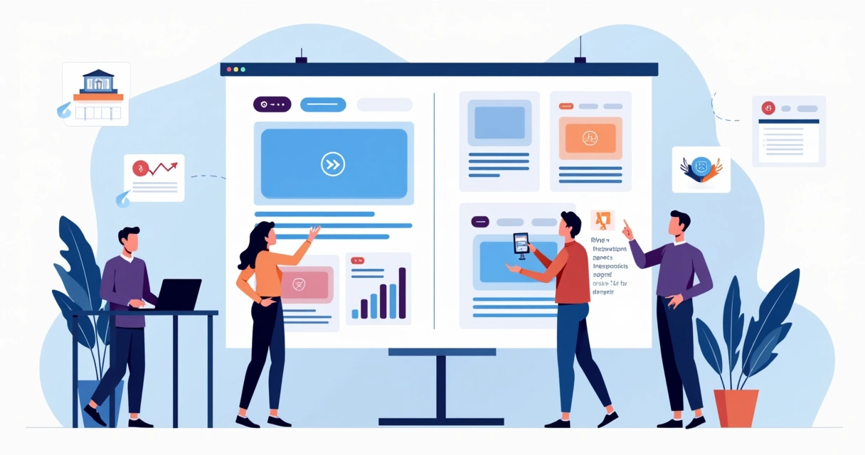 Equipe digital colaborando na criação de páginas em um grande painel visual 