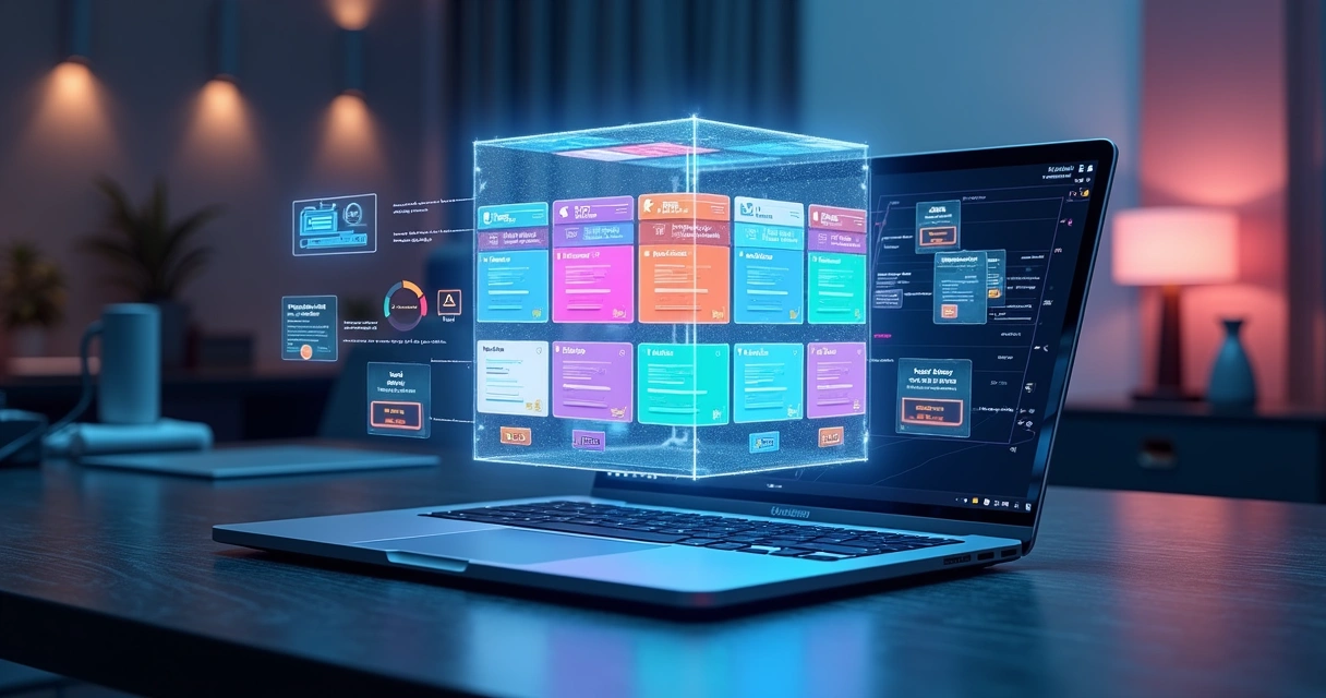 Painel digital mostrando vários layouts de páginas alinhados como se fossem peças de um cubo em 3D 