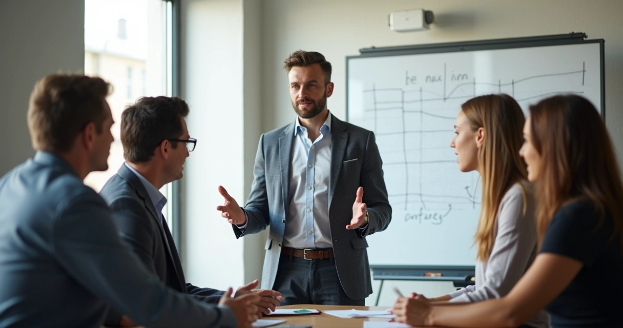 Manager talking with team, using clear hand gestures to mark boundaries