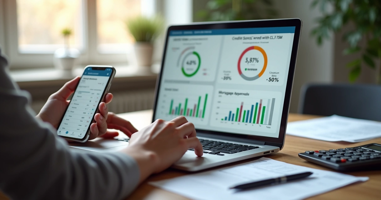 Person using a laptop and smartphone with credit score and mortgage graphics on screen 