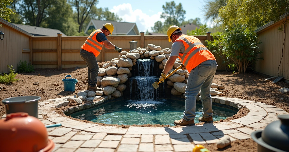 Workers building a backyard water feature with pavers and stone