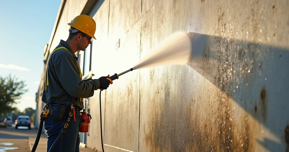 A contractor pressure-washing a commercial building exterior in Central Florida, removing stains and mold 