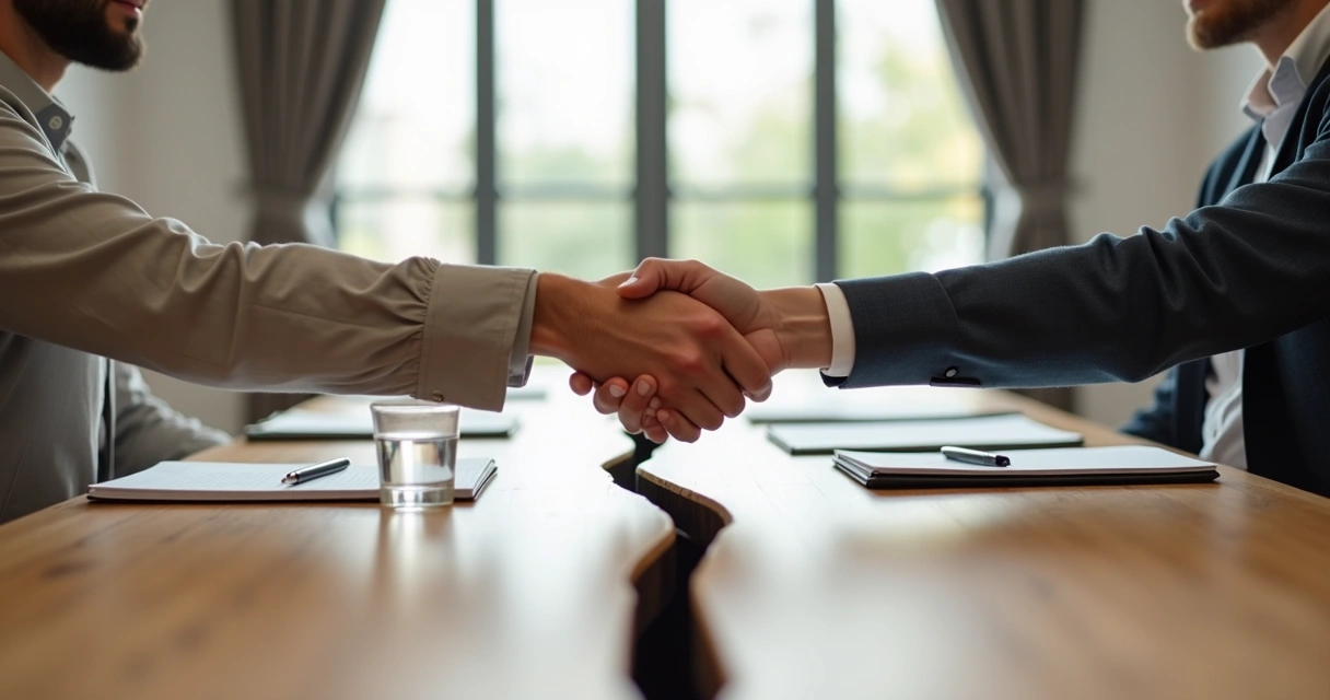 Two people shaking hands across a table with a dividing line between them 