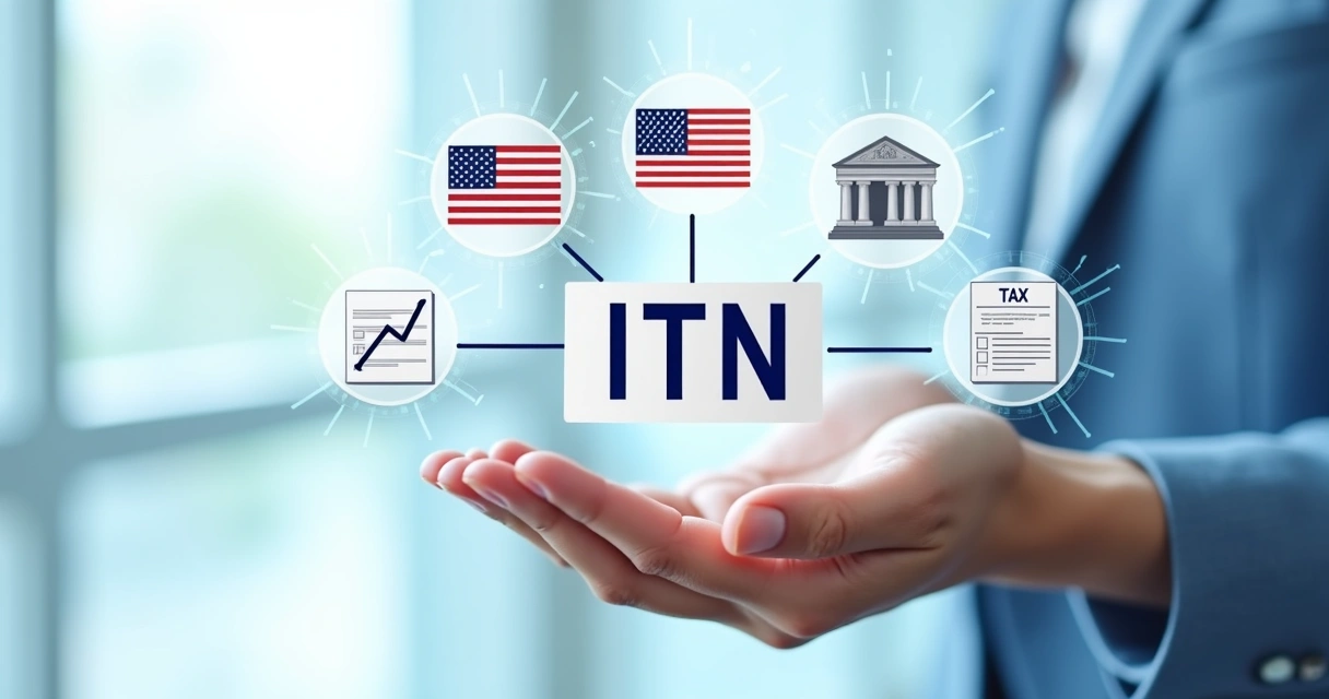 Digital illustration of a person holding an ITIN document, with symbols for US credit, banking, and taxes 