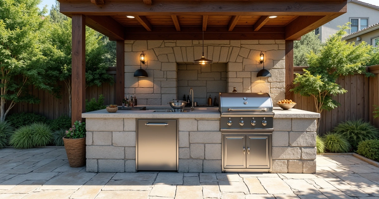 Built-in outdoor fridge installed in stone outdoor kitchen 