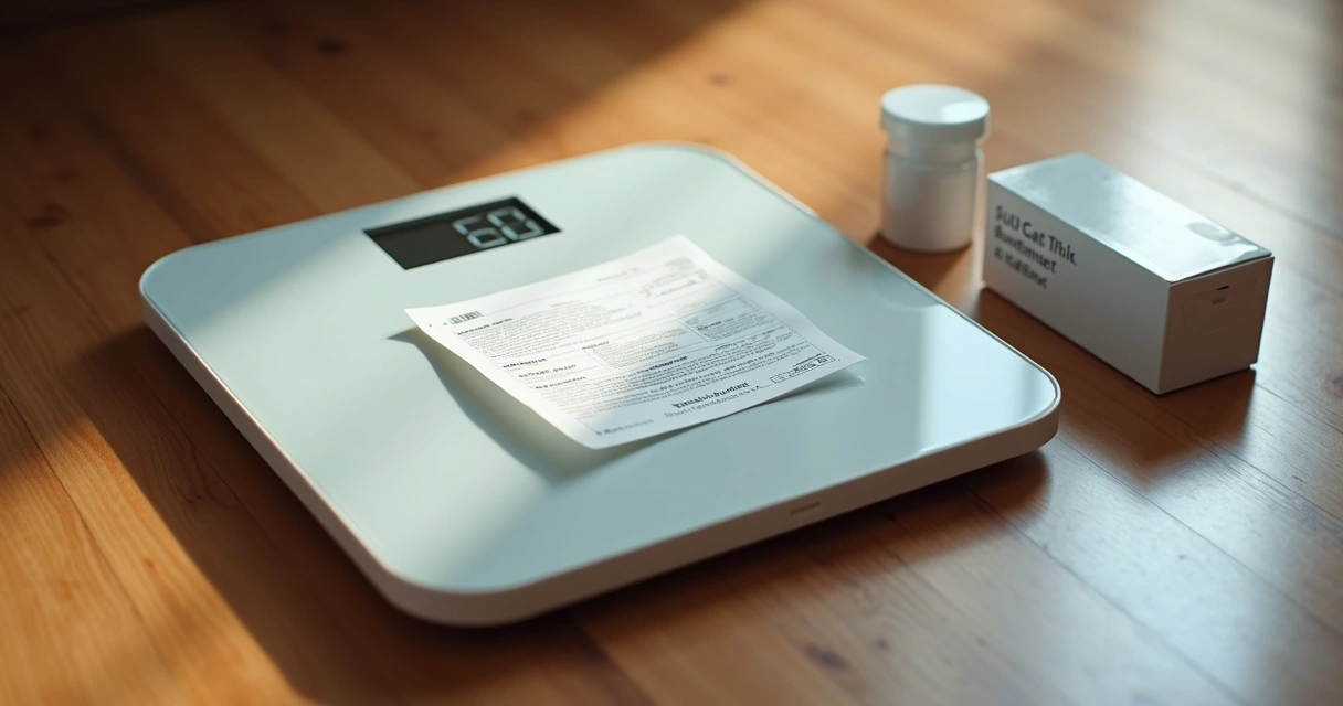 Bula de remédio ao lado de balança digital