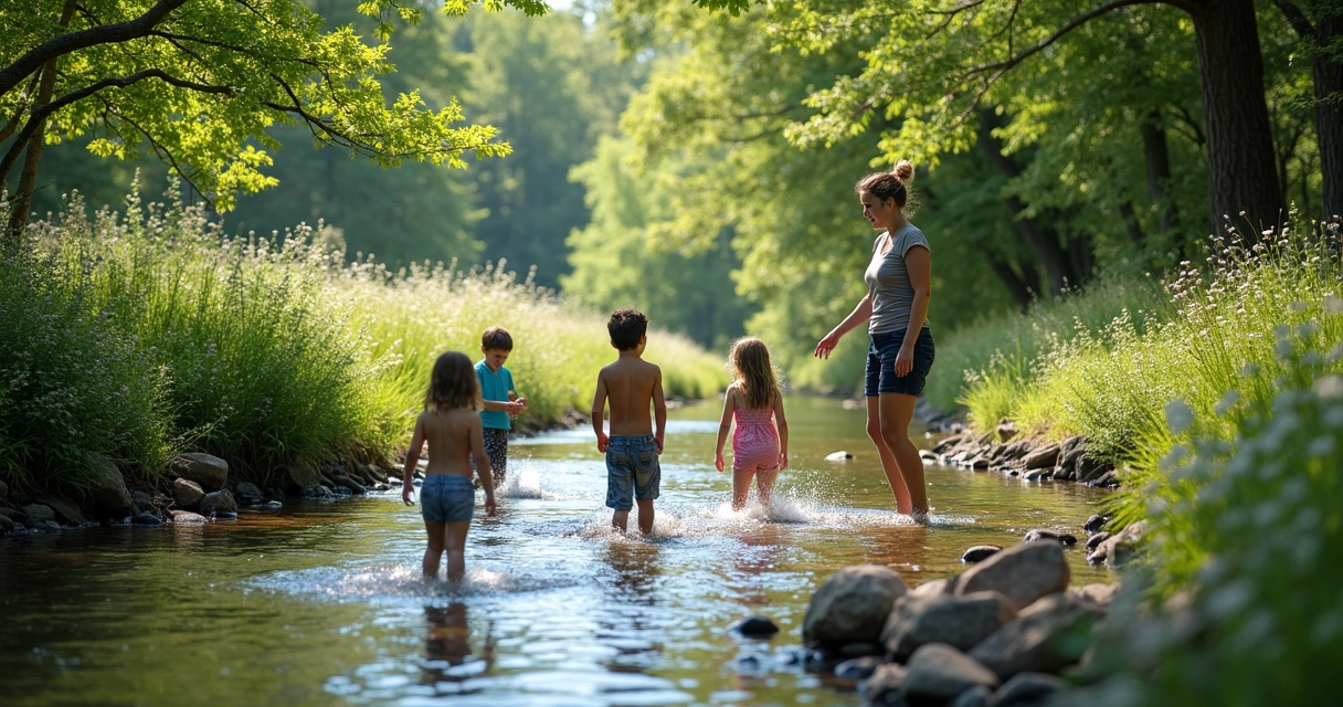 Children playing near Bull Creek with parents watching