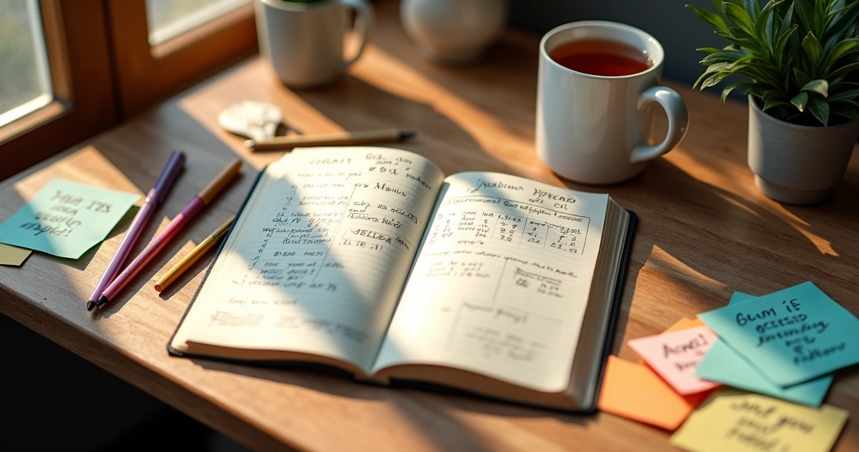 Caderno aberto com bullet journal escrito à mão, canetas coloridas e post-its ao lado 
