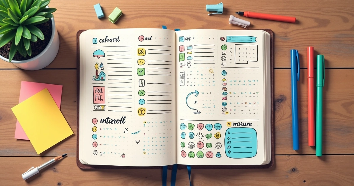 Página de bullet journal aberta com listas e desenhos coloridos 