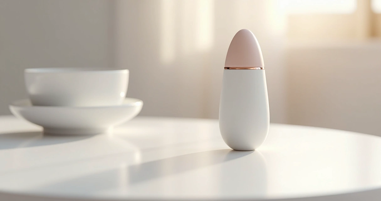 Bullet vibrador pequeno e moderno sobre superfície branca com detalhes suaves em fundo neutro 