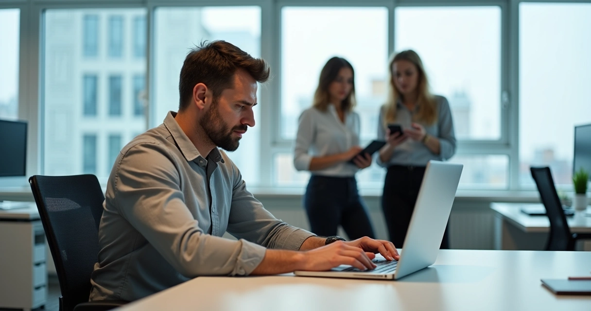 Hombre adulto en oficina siendo aislado por compañeros de trabajo 