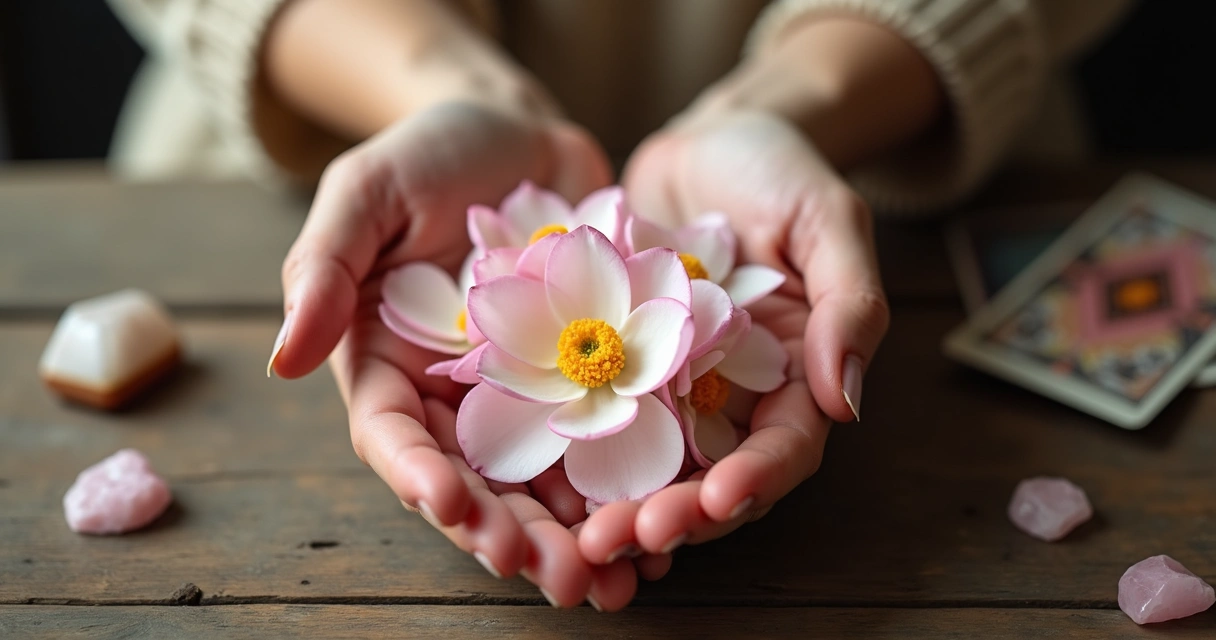 Buquê de camélias nas mãos sobre mesa de madeira 